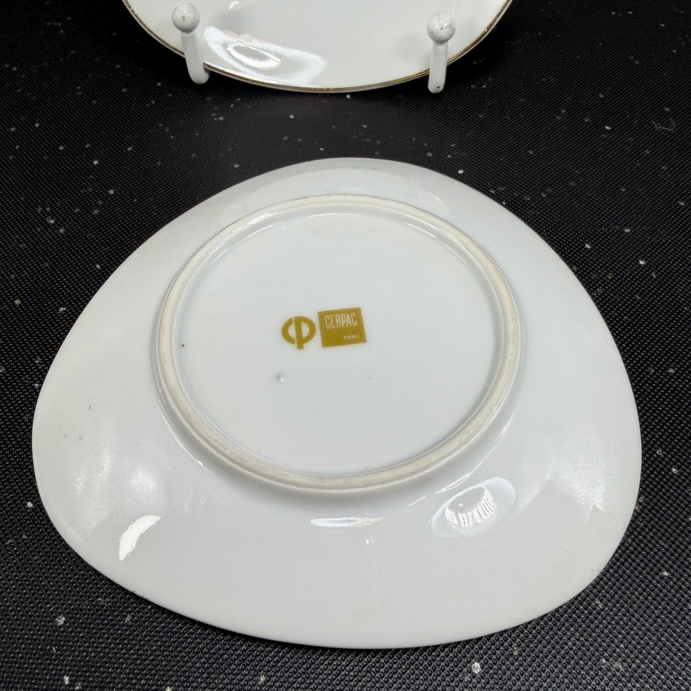 Cerpac Peru Peacock Porcelain Plate Dish Set 4 Triangular Gold Rim Butter Pat - Picture 7 of 10